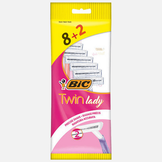 BIC Twin Lady - Maquinillas de Afeitar Desechables para Mujer - 1 Paquete (8+2 Cuchillas por Paquete) - Cuchillas de Afeitar y Depilatorias para Afeitado Manual en Pieles Sensibles.