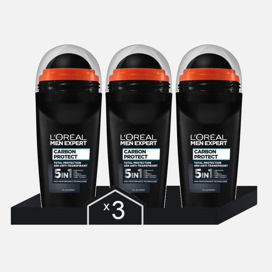 L'Oréal Men Expert - Carbon Protect 5 en 1 - 3 Roll-on (Caja de 3 Roll-on x 50ml) - Contra Olores, Humedad, Bacterias y Residuos Blancos para Hasta 48 horas