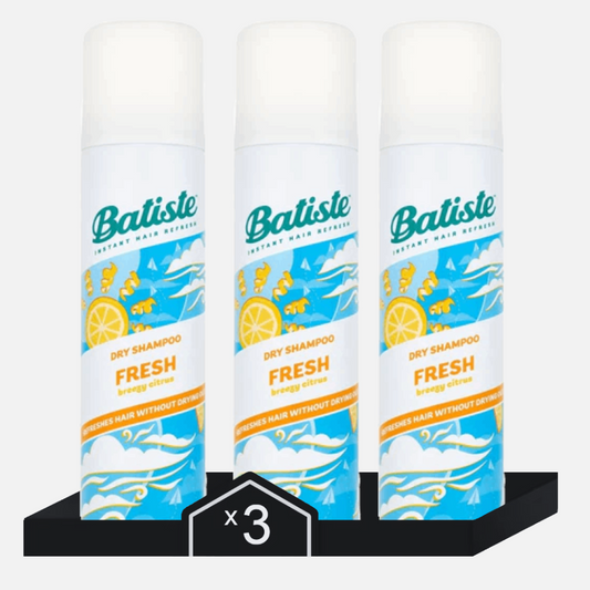 Batiste - Champú en Seco Fresh - 3 Sprays (Caja de 3 Sprays x 200 ml) - Limpia y refresca tu cabello entre lavados, manteniendo brillo y volumen. Fragancia revitalizante de limón, mandarina, flor de naranjo, pomelo rosa y miel.